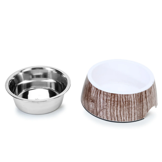 BASIL Wooden Print Pet Feeding Bowl, Stainless Steel & Melamine