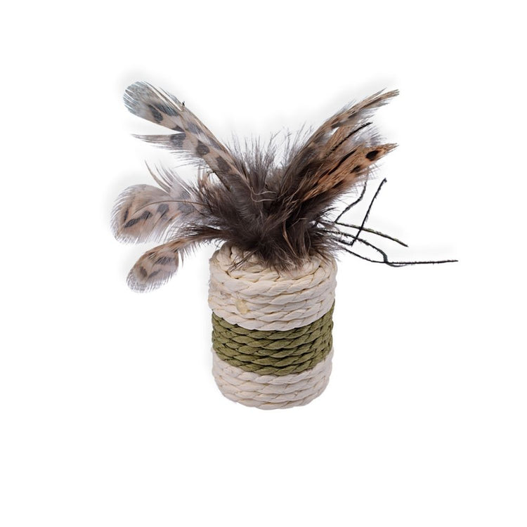 Cylindrical Shaped Catnip Toy With Feathers